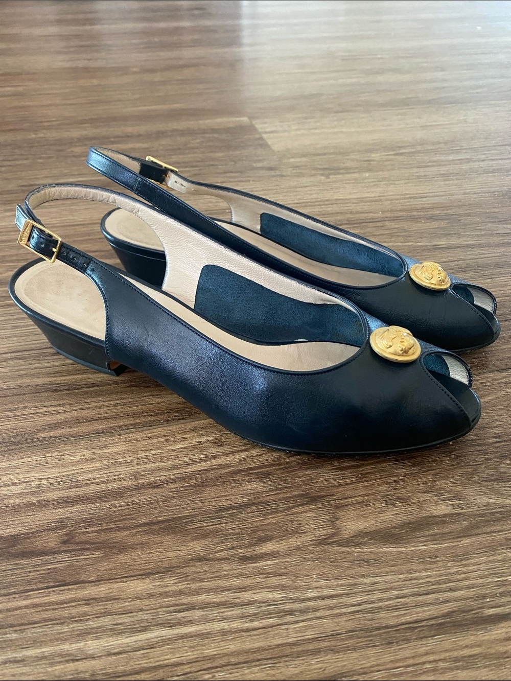 Salvatore Ferragamo navy Leather Peep-Toe Slingback Heels with Gold Emblem 6.5